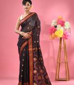 Midnight blue cotton blend handwoven saree with floral motifs