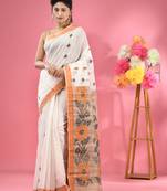 White cotton handspun handwoven saree with jute weaving pallu