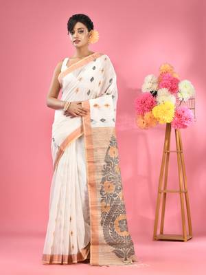 White cotton handspun handwoven saree with jute weaving pallu 1