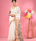 White cotton handspun handwoven saree with jute weaving pallu