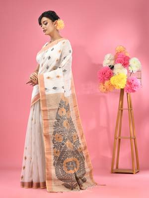 White cotton handspun handwoven saree with jute weaving pallu 2