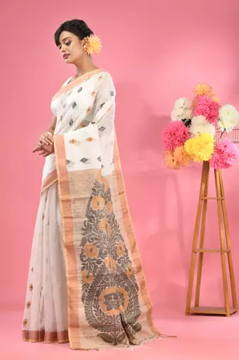 White cotton handspun handwoven saree with jute weaving pallu