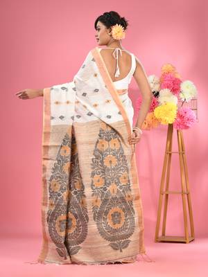 White cotton handspun handwoven saree with jute weaving pallu 3