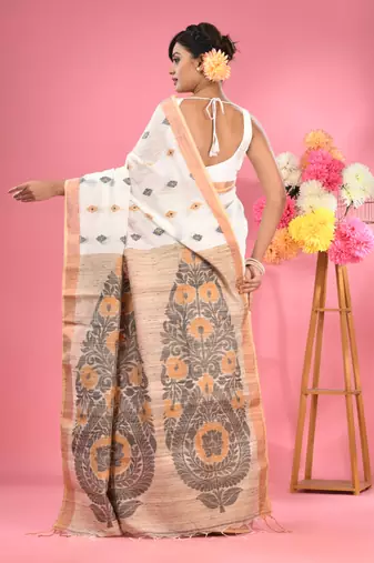 White cotton handspun handwoven saree with jute weaving pallu
