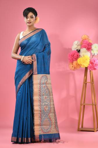 Sapphire blue cotton blend handwoven saree with jute weaving pallu
