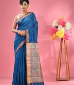 Sapphire blue cotton blend handwoven saree with jute weaving pallu