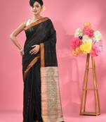Black cotton blend handwoven saree with jute weaving pallu