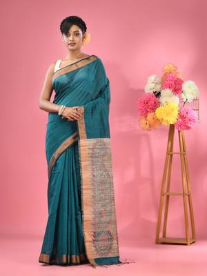 Teal cotton blend handwoven saree with jute weaving pallu 1