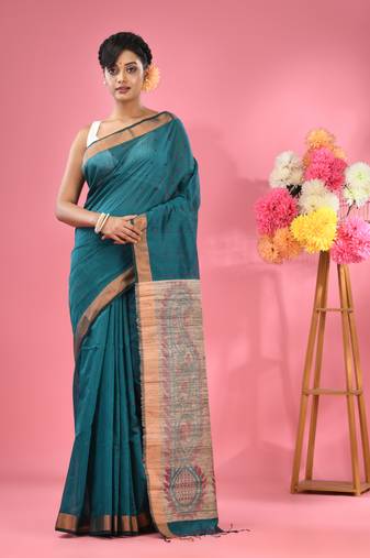 Teal cotton blend handwoven saree with jute weaving pallu
