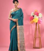 Teal cotton blend handwoven saree with jute weaving pallu