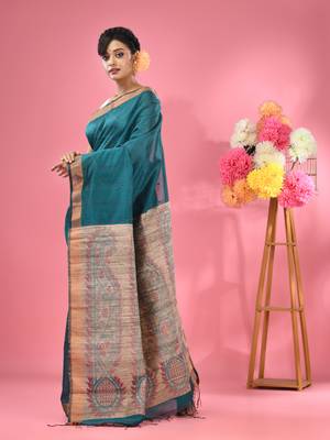 Teal cotton blend handwoven saree with jute weaving pallu 2