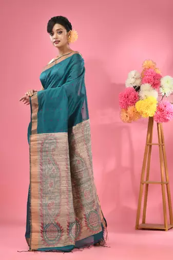 Teal cotton blend handwoven saree with jute weaving pallu