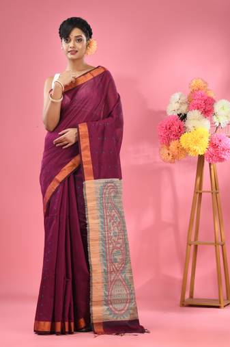 Magenta cotton blend handwoven saree with jute weaving pallu