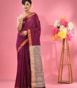 Magenta cotton blend handwoven saree with jute weaving pallu