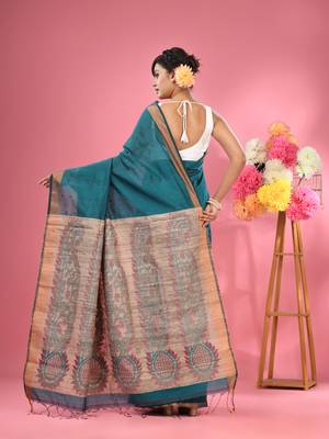 Teal cotton blend handwoven saree with jute weaving pallu 3