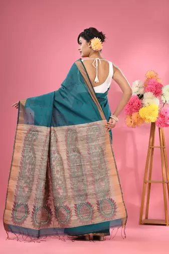 Teal cotton blend handwoven saree with jute weaving pallu