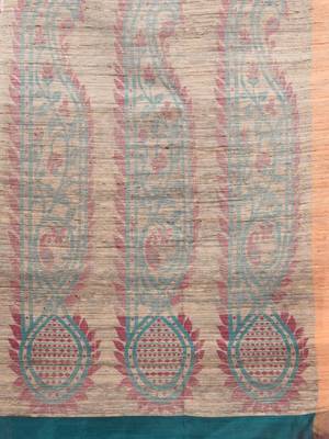 Teal cotton blend handwoven saree with jute weaving pallu 4