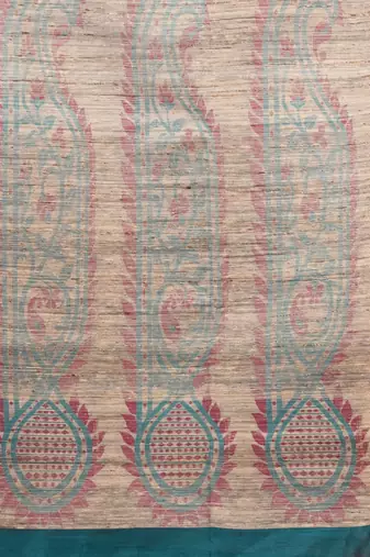 Teal cotton blend handwoven saree with jute weaving pallu