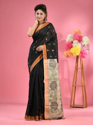 Black cotton blend handwoven saree with jute weaving pallu 1