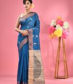 Sapphire blue cotton blend handwoven saree with jute weaving pallu
