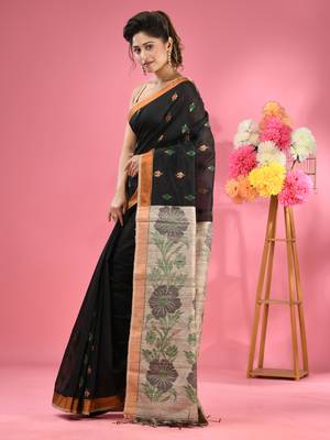 Black cotton blend handwoven saree with jute weaving pallu 2