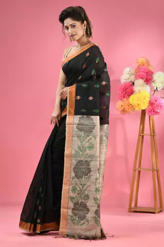 Black cotton blend handwoven saree with jute weaving pallu