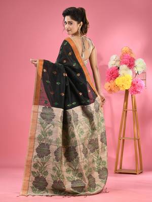 Black cotton blend handwoven saree with jute weaving pallu 3