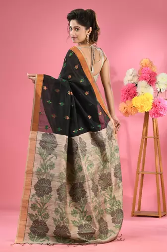Black cotton blend handwoven saree with jute weaving pallu