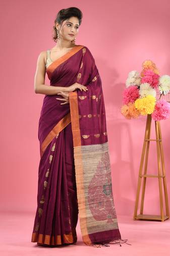 Magenta cotton blend handwoven saree with jute weaving pallu