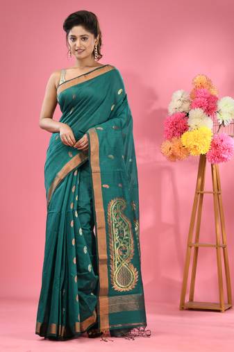Teal cotton blend handwoven saree with paisley motifs