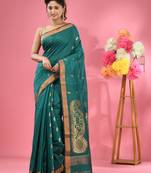 Teal cotton blend handwoven saree with paisley motifs