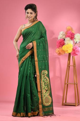 Green cotton blend handwoven saree with zari border