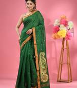 Green cotton blend handwoven saree with zari border