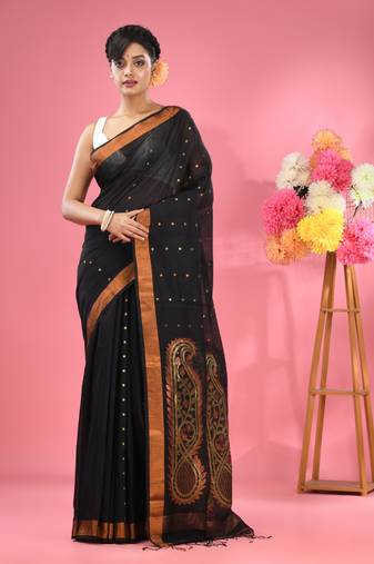 Black cotton blend handwoven saree with zari border
