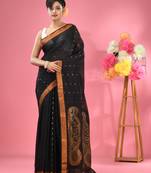 Black cotton blend handwoven saree with zari border