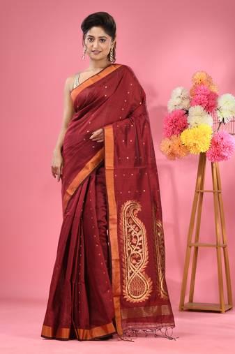 Maroon cotton blend handwoven saree with zari border