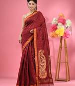 Maroon cotton blend handwoven saree with zari border