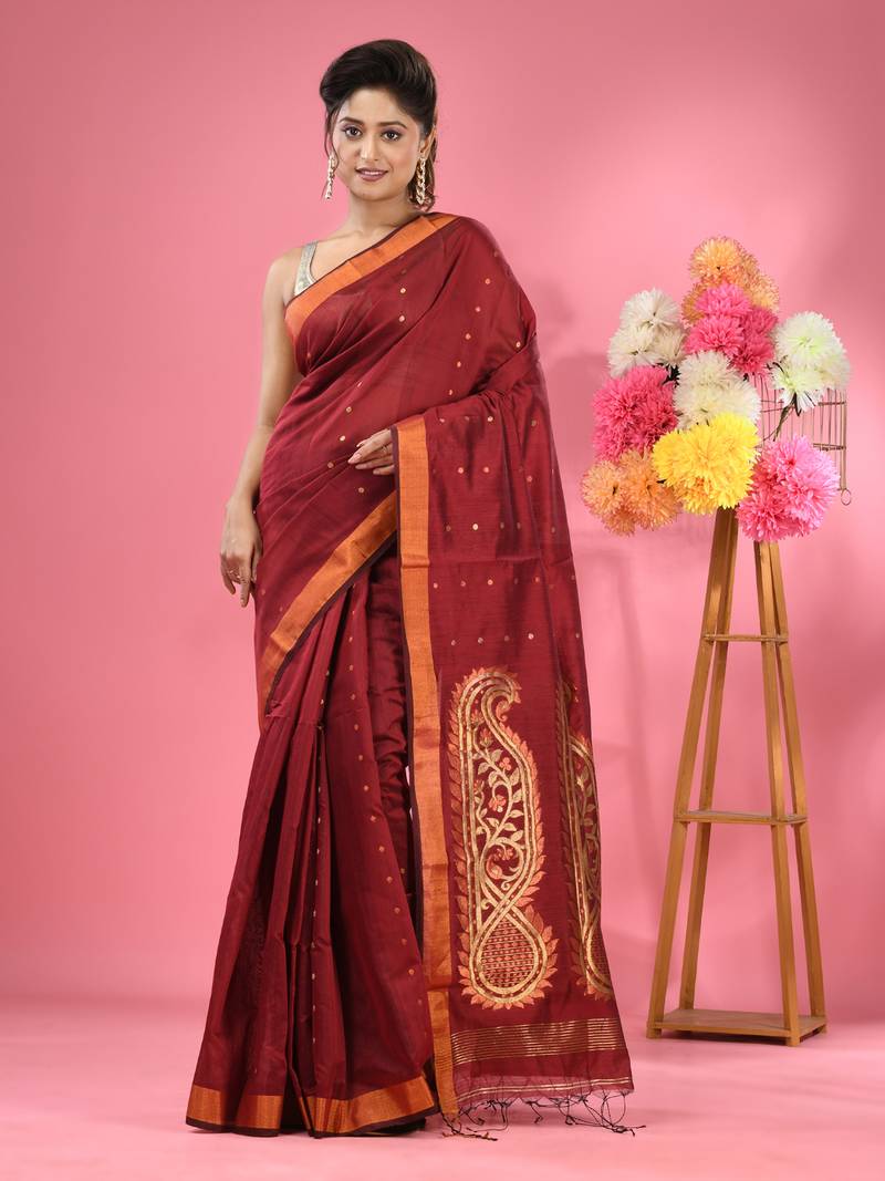 Maroon cotton blend handwoven saree with zari border