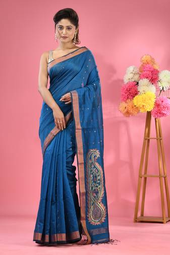Sapphire blue cotton blend handwoven saree with zari border