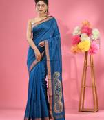 Sapphire blue cotton blend handwoven saree with zari border