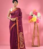 Purple cotton blend handwoven saree with paisley motifs