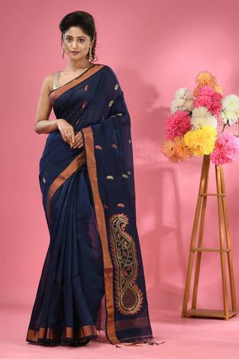 Navy blue cotton blend handwoven saree with paisley motifs
