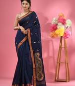 Navy blue cotton blend handwoven saree with paisley motifs