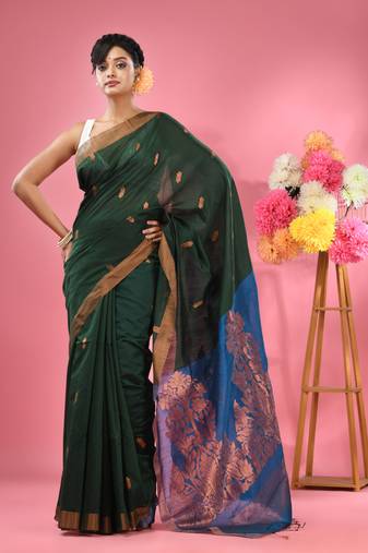 Green cotton blend handwoven saree with texture motifs