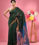 Green cotton blend handwoven saree with texture motifs