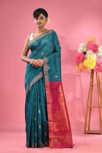Teal cotton blend handwoven saree with texture motifs