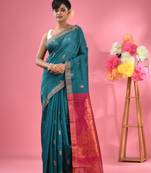 Teal cotton blend handwoven saree with texture motifs