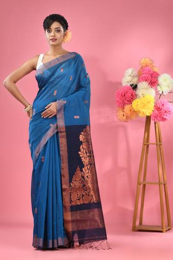 Sapphire blue cotton blend handwoven saree with texture motifs