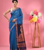 Sapphire blue cotton blend handwoven saree with texture motifs