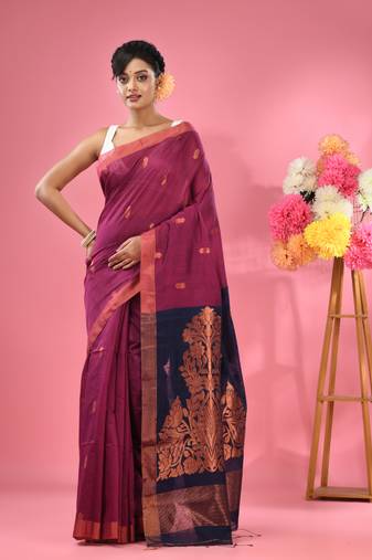 Magenta cotton blend handwoven saree with texture motifs